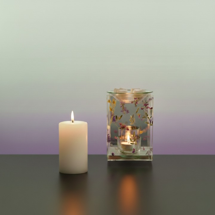 Brûle-parfum en verre décoré de motifs floraux