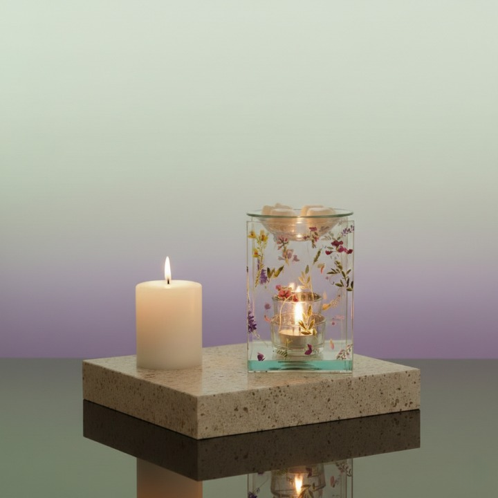 Brûle-parfum en verre décoré de motifs floraux